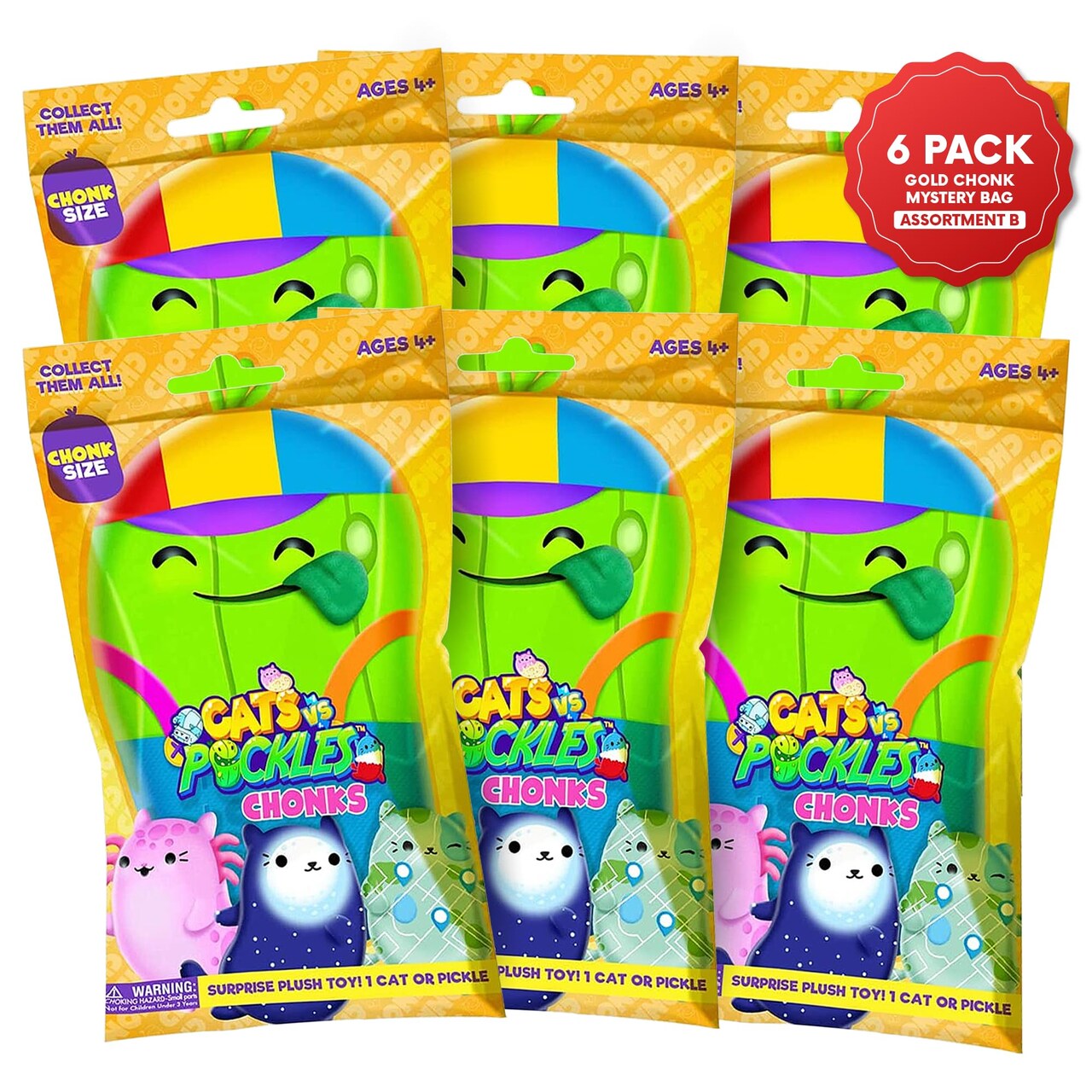 Cats vs Pickles - Mystery Bags - Chonks - 6pk Set B - Gold Wave - Bean Filled Plushies! Great for Stocking Stuffers, Advent Calendars, for Kids, Boys, & Girls.
